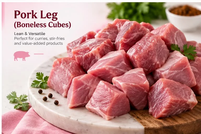 Pork Leg (Boneless Cubes) — Lean & versatile. Perfect for curries, stir-fries and value-added products.