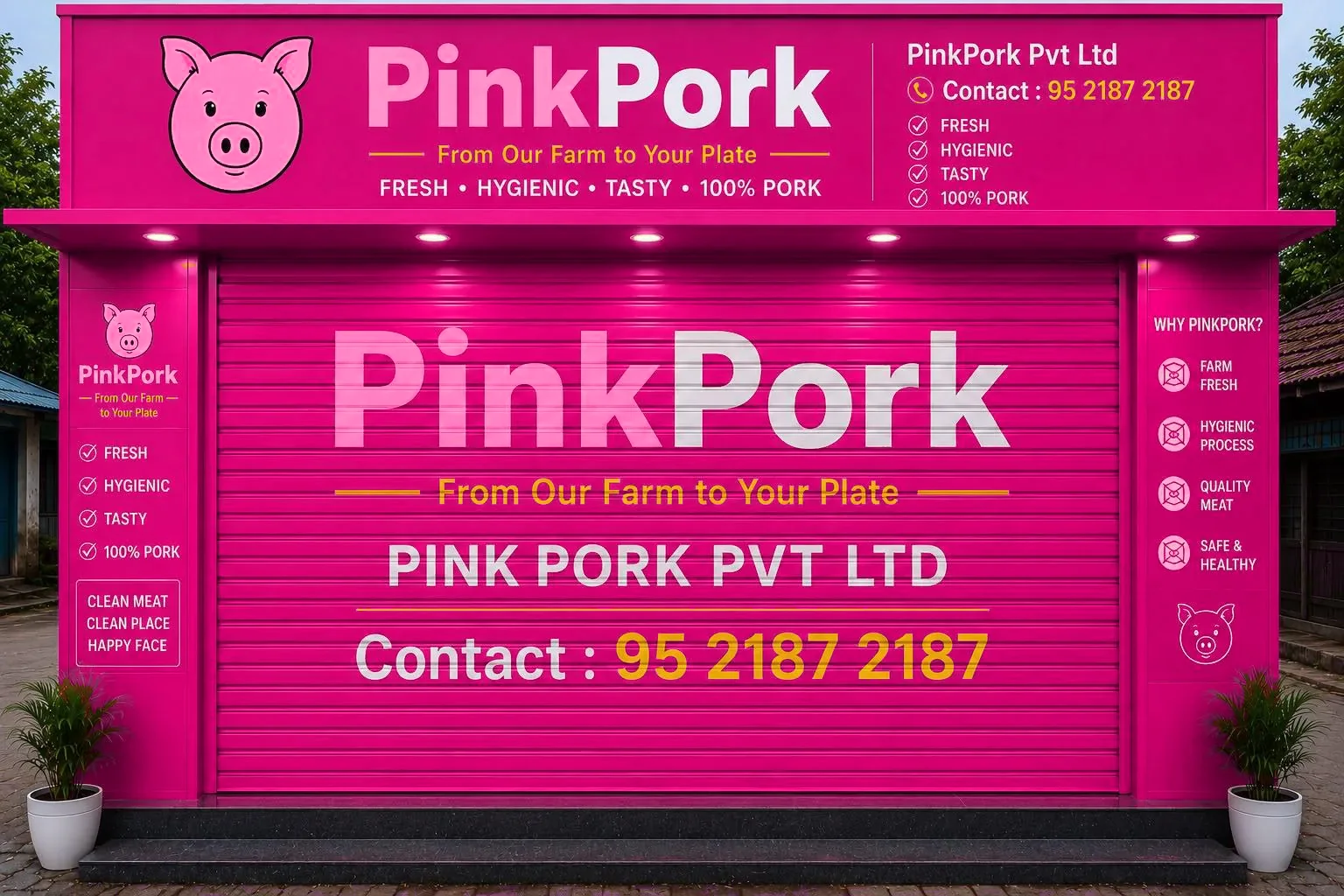 The PinkPork storefront in Tiruvuru, branded in pink with the tagline From Our Farm to Your Plate
